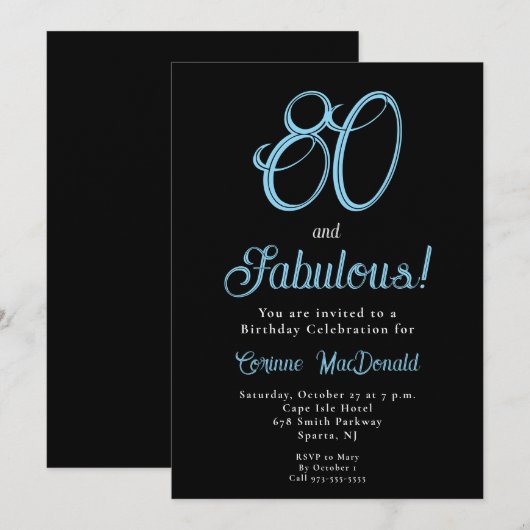 Arctic Blue Eighty and Fabulous 80th Birthday 招待状 (正面/裏面)