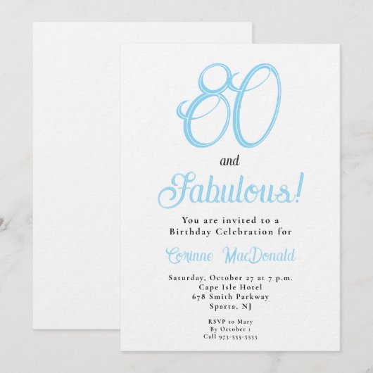 Arctic Blue Eightyand Fabulous 80th Birthday  招待状 (正面/裏面)