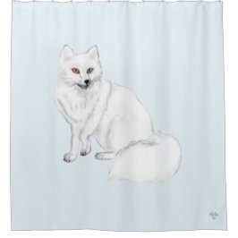 Arctic Fox Hand-Drawn Airbrushed Art on Icy Blue シャワーカーテン