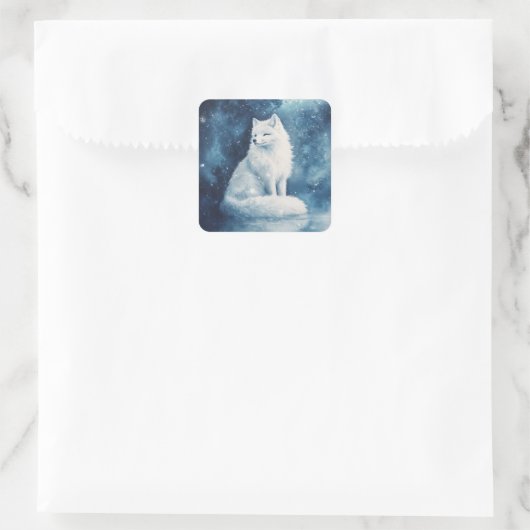 Arctic Fox Sitting on Ice with Blue Galaxy Nebula スクエアシール (バッグ)
