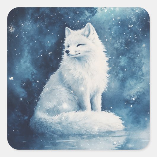 Arctic Fox Sitting on Ice with Blue Galaxy Nebula スクエアシール (正面)