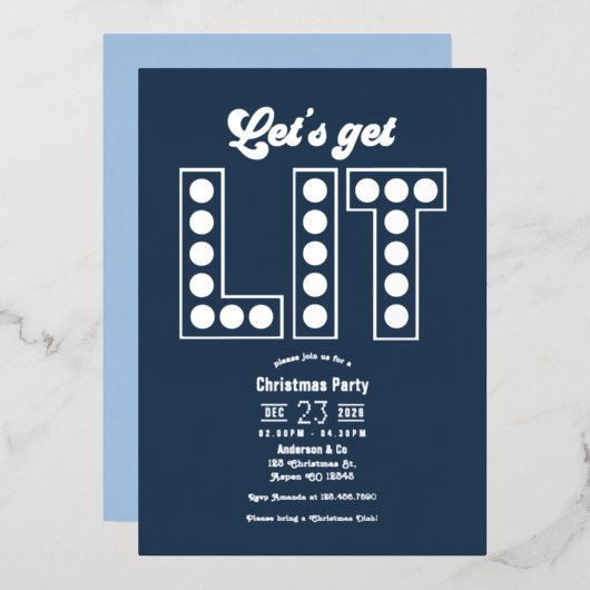 Arctic Twilight Lets Get Lit Retro Christmas Party 箔招待状 (正面/裏面)