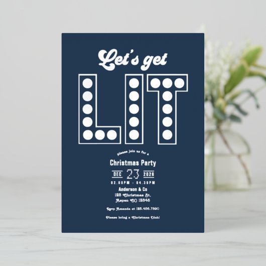 Arctic Twilight Lets Get Lit Retro Christmas Party 箔招待状 (立ち正面)