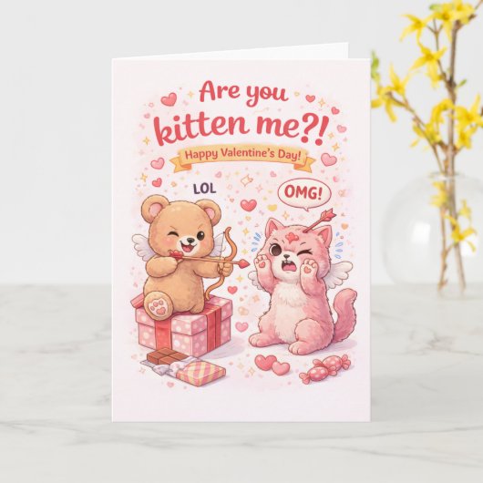 Are You Kitten Me? Cute Funny Cat Valentine’s Day  カード (黄色い花)
