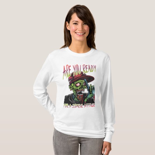 Are You Ready | 女性ゾンビ攻撃ロングスリーブ Tシャツ (正面フル)