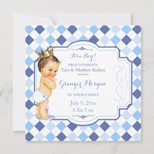 Argyleブルネットのヴィンテージのベビーの王冠の小さい王子 案内状 (正面)