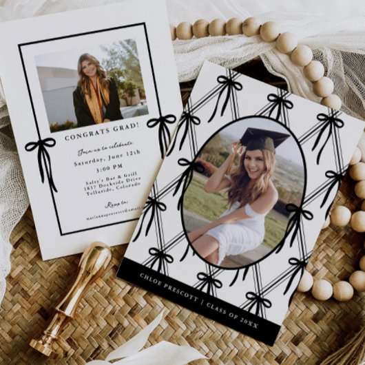 Argyle Bows Graduation Party Invitation Photo Card 招待状