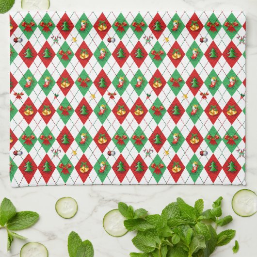 Argyle Pattern Christmas キッチンタオル (折り畳み)