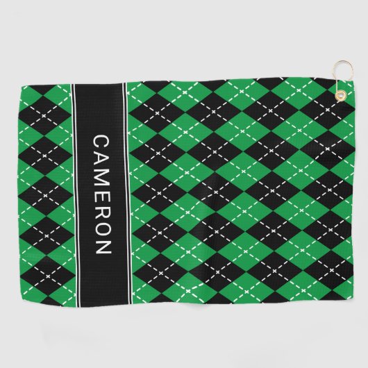 Argyle Plaid Create Custom Name  Black Green ゴルフタオル (横)