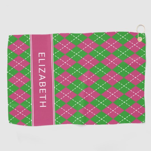 Argyle Plaid Pink Green Custom Name Preppy ゴルフタオル (横)