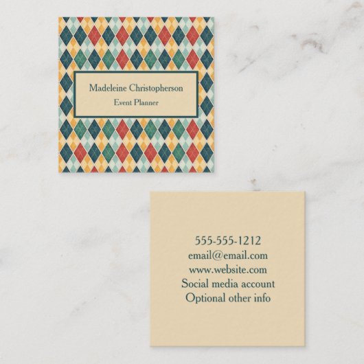 Argyle Retro Harlequin Red Green Template スクエア名刺 (正面/裏面)