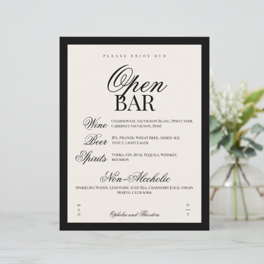 Aria | Black Beige Elegant Wedding Bar Sign (スタンド正面)