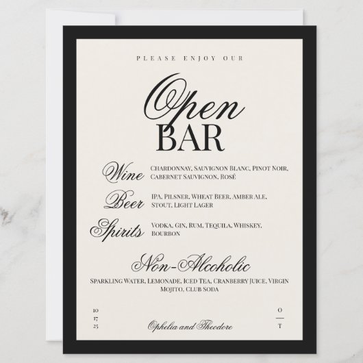 Aria | Black Beige Elegant Wedding Bar Sign (正面)