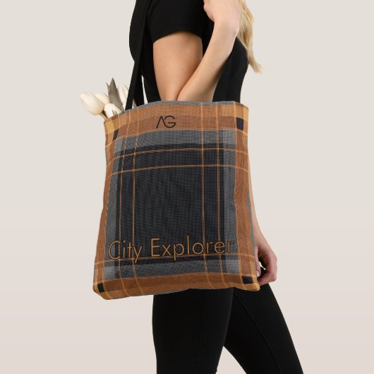 Aria Urban Copper Grid Plaid Pattern City Explorer トートバッグ (クローズアップ)