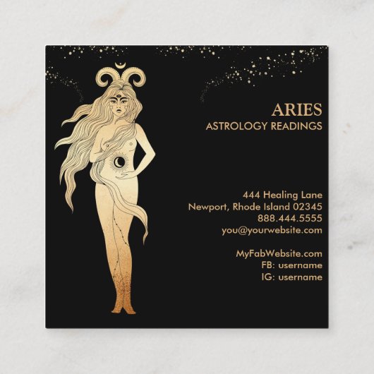 *~* ARIES〔占星術の〕十二宮図星座読の金ゴールドブラック スクエア名刺 (裏面)