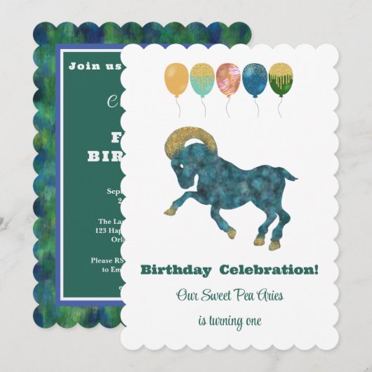 Aries 1st Birthday Impressionist Gold Glitter Inv 招待状 (正面/裏面)