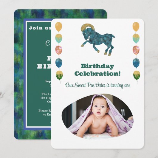 Aries 1st Birthday Photo Impressionist Gold  Invi 招待状 (正面/裏面)