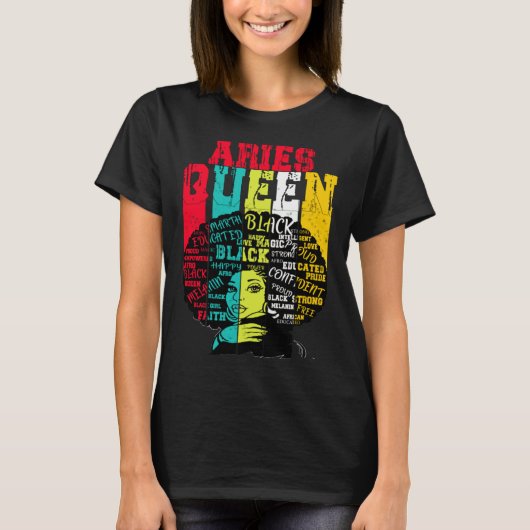 Aries Queen Aries Pride  Black Woman Afro Horoscop Tシャツ (正面)