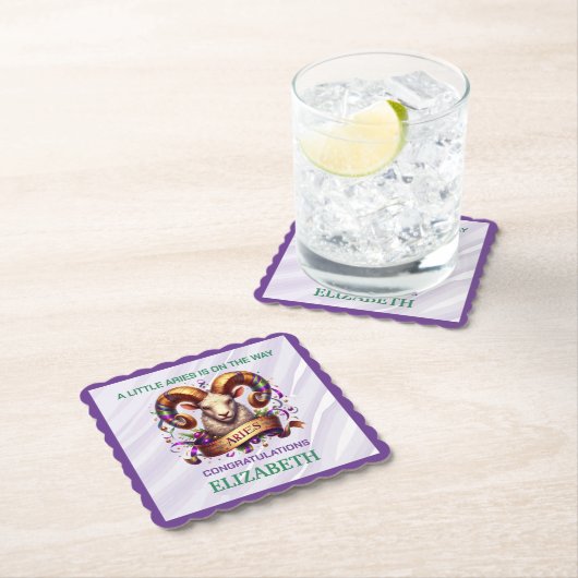 Aries Zodiac Baby Shower Lavender and Green ペーパーコースター (インサイチュ)