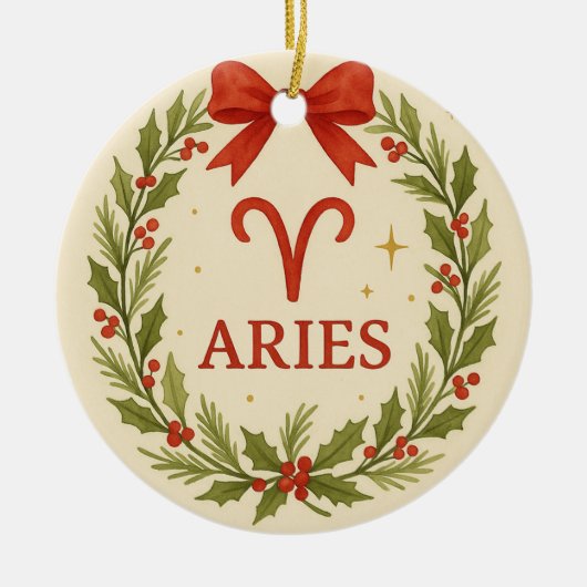 Aries Zodiac Christmas Ornament – Festive Holly Wr セラミックオーナメント (正面)