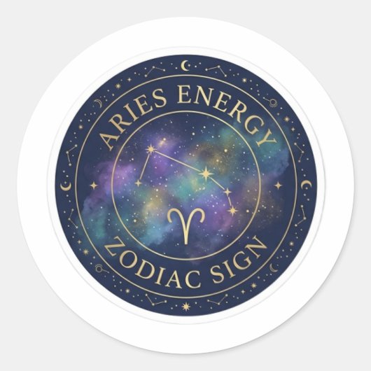 Aries Zodiac Energy Celestial Gold and Navy Sticke ラウンドシール (正面)