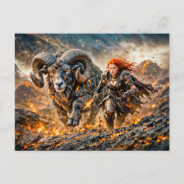 Aries Zodiac with Warrior and Charging Ram ポストカード