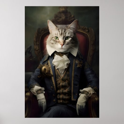 Aristocratic Cat Portrait, Funny Renaissance Wall ポスター (正面)