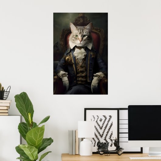 Aristocratic Cat Portrait, Funny Renaissance Wall ポスター (ホームオフィス)