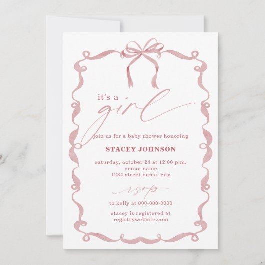 ARIYA | Baby Shower Invite It's a Girl Pink Bow 招待状 (正面)