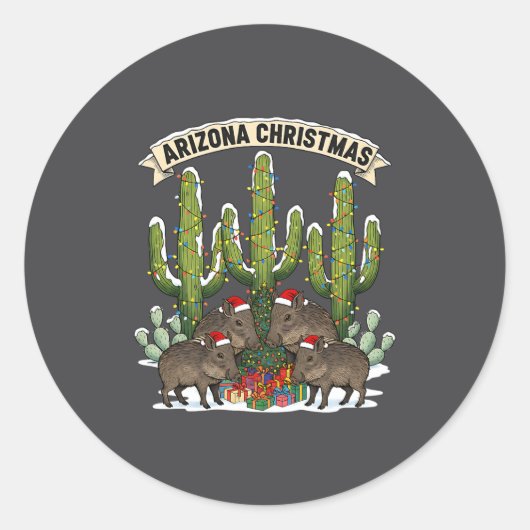 Arizona Christmas Javelina Family Desert Saguaros  ラウンドシール (正面)