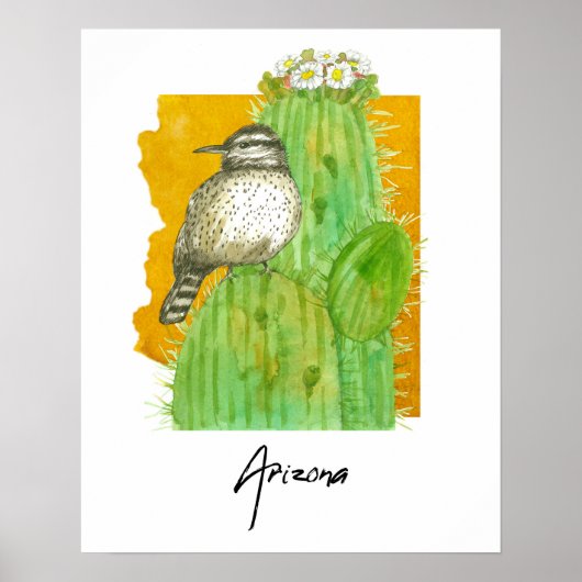 Arizona Saguaro Blooming Cactus Wren Bird ポスター (正面)