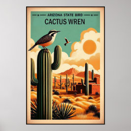 Arizona State Bird - Cactus Wren Vintage ポスター