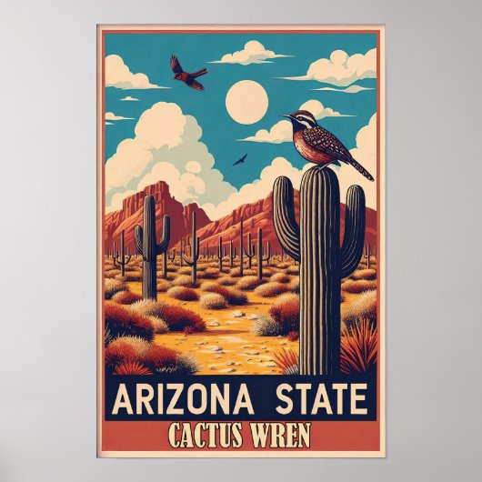 Arizona State Bird - Cactus Wren Vintage ポスター (正面)