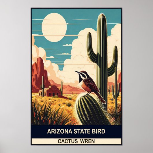 Arizona State Bird - Cactus Wren Vintage ポスター (正面)