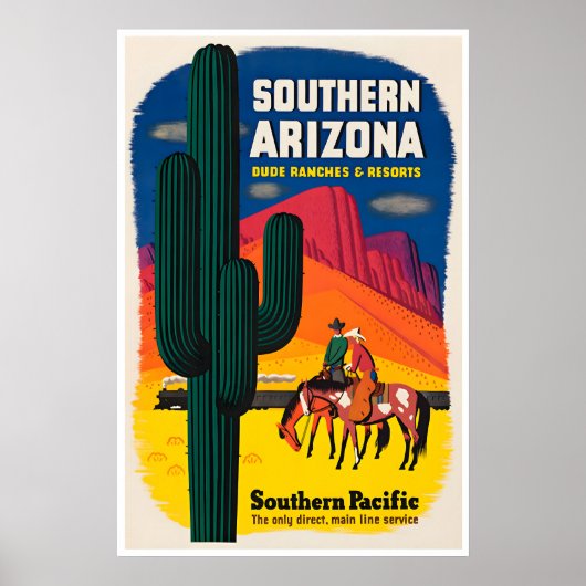Arizona Travel Poster Southern Pacific Art Cowboy ポスター (正面)