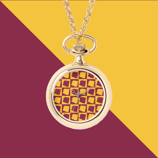 Arizona US State Maroon and Gold Pattern 腕時計 (A maroon and gold pattern featuring Arizona on a watch necklace.)