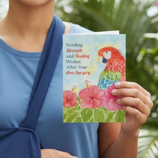 Arm Surgery Healing Scarlet Macaws, Hibiscus カード