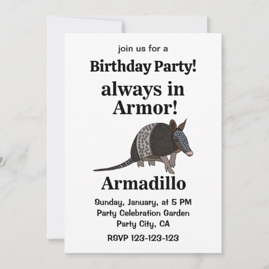 Armadillo Animal Funny Birthday Party 招待状 (正面)