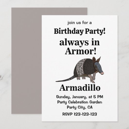 Armadillo Animal Funny Birthday Party 招待状 (正面/裏面)
