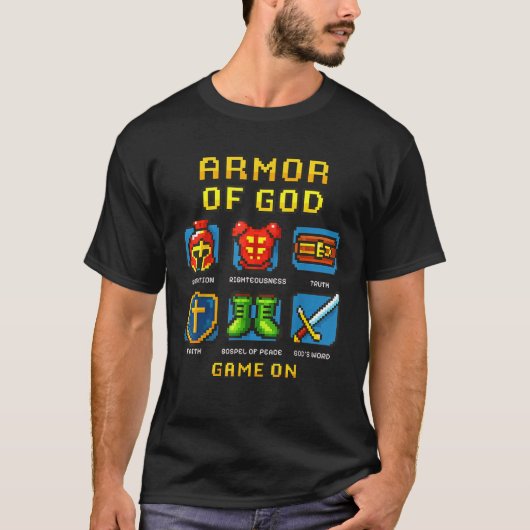 Armor of God Pixel Faith Christian Video Game Game Tシャツ (正面)