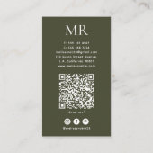Army Green Monogram, QR Code & Social Media Simple 名刺 (裏面)