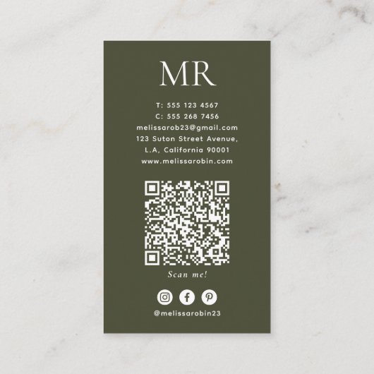 Army Green Monogram, QR Code & Social Media Simple 名刺 (裏面)