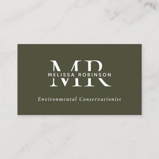 Army Green Monogram, QR Code & Social Media Simple 名刺 (正面)