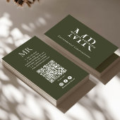 Army Green Monogram, QR Code & Social Media Simple 名刺