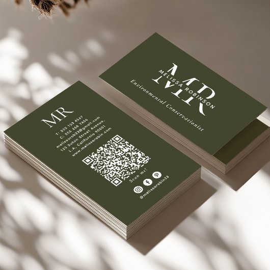 Army Green Monogram, QR Code & Social Media Simple 名刺