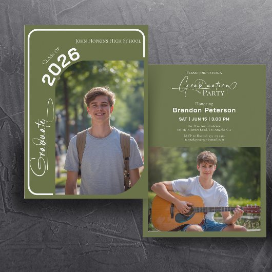 Army Green Simple Two Photo Graduation Party 招待状