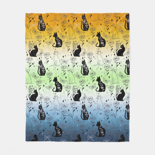AroAce Agenderプライドブラックキャット – Mystical Witchy フリースブランケット (正面)