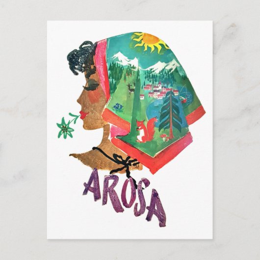 Arosa,スイス,ヴィンテージ旅行の女性 ポストカード (正面)