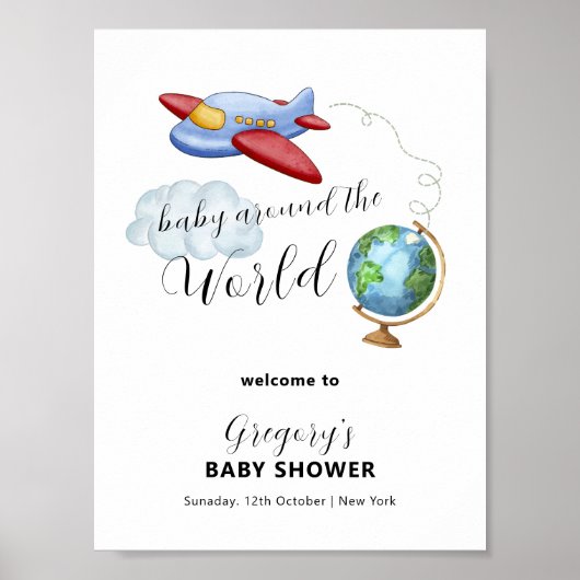 Around The World Map Airplane Baby Shower Welcome ポスター (正面)