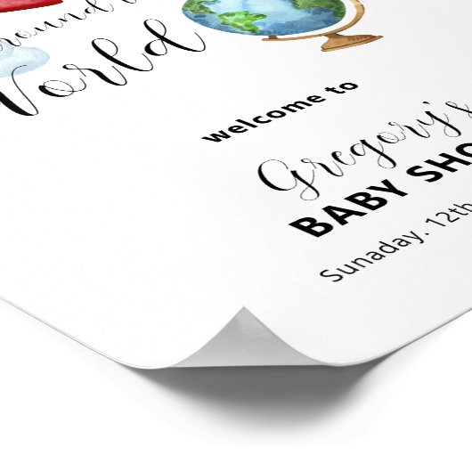 Around The World Map Airplane Baby Shower Welcome ポスター (角)